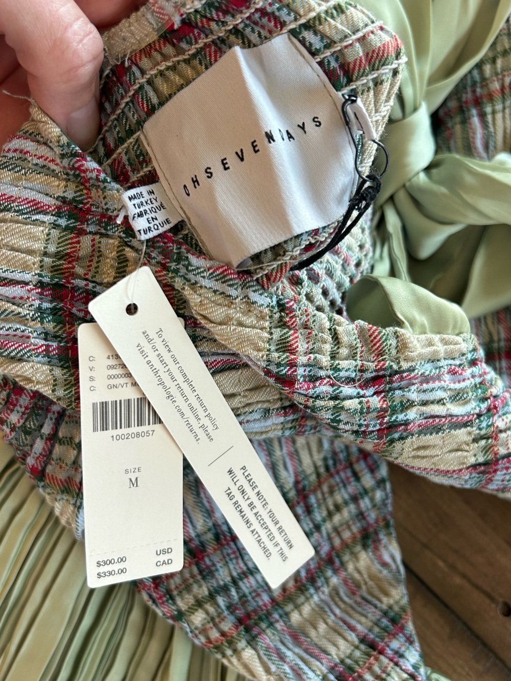 NWT OHSEVENDAYS Anthropologie McKenzie Shirred Tartan Pleated Green Midi Dress M - Picture 8 of 13